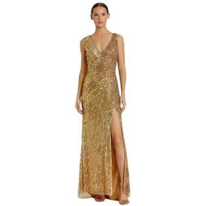 MAC DUGGAL Dress Size 6 Evening Gown Sequin NEW Gold Beaded V Neck Slit Pattern